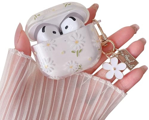 MINSCOSE Kompatibel mit AirPods 4 Clear Case,Cute Daisy Blumen Muster Design mit hübschen Blumen Schlüsselanhänger, TPU Schutz stoßdichte Abdeckung für AirPods 4 für Frauen Mädchen-weiß
