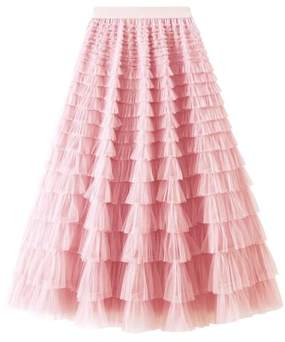 Maeau Jupe Tulle Longue pour Fille, Jupe Taille Élastique A-Line Oscillante, Jupes Dentelle Décontractée Élégante à Doublure Souple, Confort, 5–13 Ans/120-160cm