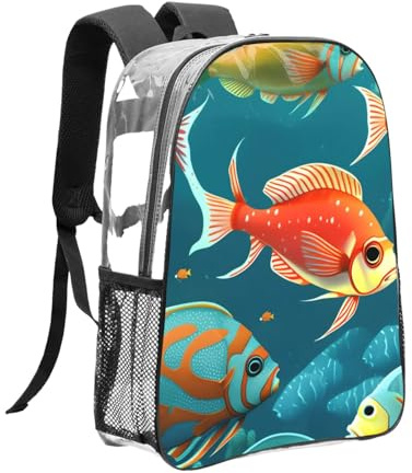 NUYFVG Heavy Duty Clear Backpack PVC Transparent Backpack Eye-catching Full Front Ocean Underwater Fish Print