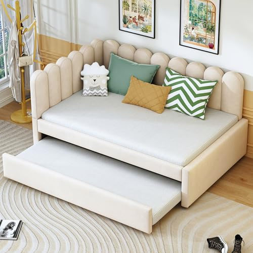 Crlnaup L-förmiges Polsterbett, Schlafsofa 140x200 cm mit geblümter Rückenlehne und Ausziehbett in beigem Samtstoff