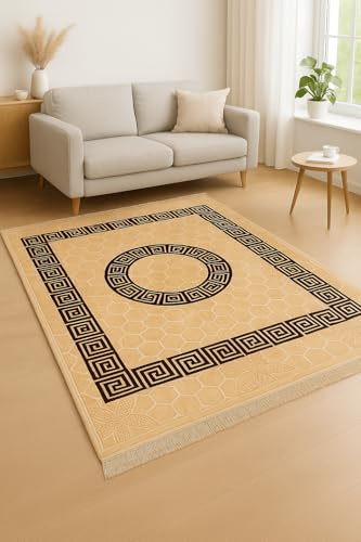 Waschbarer Teppich Modern 200x300 cm, Griechisches Muster, rutschfest, Kurzflor, Schwarz-Weiß, für Wohnzimmer und Schlafzimmer (Beige)