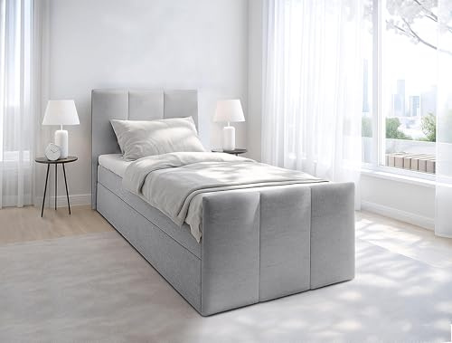 AXLIVING Levente Boxbett mit Bettkasten 100x200 graues Boxspringbett | Graues Boxspringbett mit gepolstertem Kopfteil. Bett mit Bettkasten 100x200. Pflegeleichter Bezug. 100 % Polyester.
