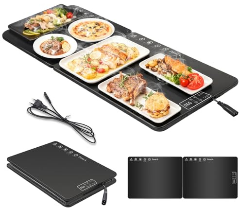 Elektrische Warmhalteplatte für Speisen, Speisenwärmer mit Temperaturregelung & Sicherheitsfunktion, Große Glasoberfläche 80x30cm Faltbares Wärmeplatte, Warmhalten oder Auftauen von Speisen