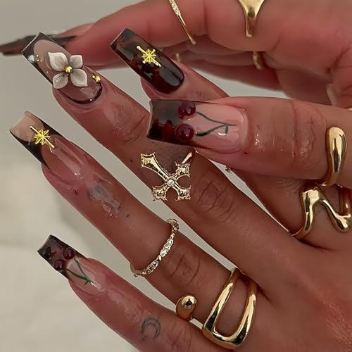 BelleFlair 24 pièces ongles à presser carrés, longs faux ongles French avec fleurs en 3D et cerises, ongles noirs autoadhésifs pour nail art féminin