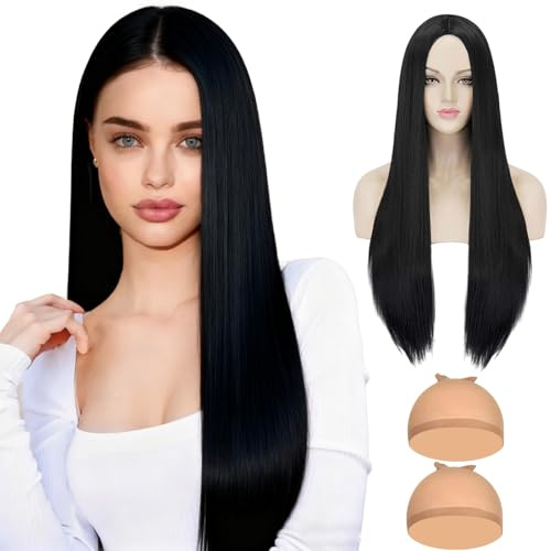 MUNSKT Lange gerade Perücke schwarz hitzebeständige Faser synthetische gerade Haare und Haarnetz für Halloween, Party, Cosplay, Anime, Karneval Fancy Kleid Zubehör