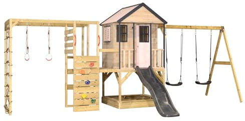 Wendi Toys M60-G Stelzenhaus mit Rutsche, Doelschaukel, Kletterturm aus Holz, Spielhaus Kinder Outdoor Garten mit Kletterwand, Kletternetz, Sandkasten, 342×563×242 cm (Pastellrosa/Grau)