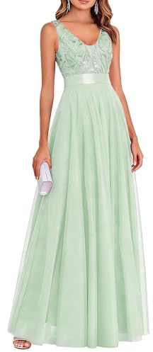 Infuness Abendkleider Elegant Für Hochzeit V-Ausschnitt Pailletten Tüll Ballkleid Damen Lang Ärmellos Cocktailkleider Partykleid