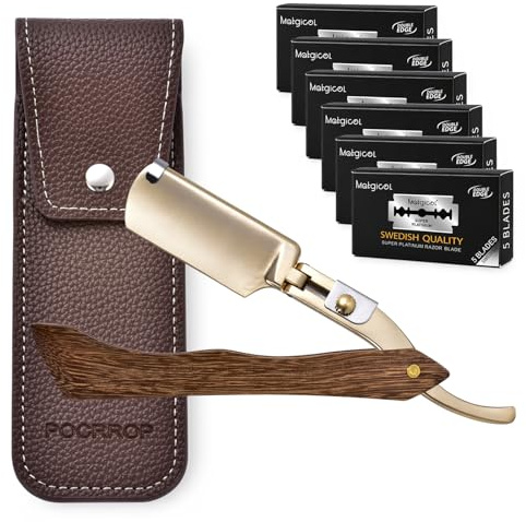 Rasoir Homme Coupe Choux Barbe Plaqué Or 24K - KIT Barbier Professionnel Manuel Visage Classique Manche Bois Massif - Inclut 30 Lames Acier Suédois et Étui Cuir PU - Entretien Main Précision Vintage