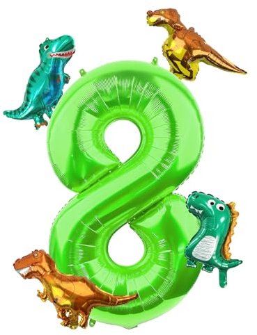 Morofme Dino Zahlen Luftballon 8, 40 Inch Luftballon Zahlen mit 4 Stück Dino Ballon, Grün Folienballon 8, Dinosaurier Helium Luftballon 8. Geburtstag Junge für Dschungel Thema, Jubiläum Partydeko