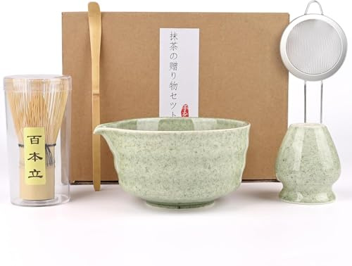 5 Pièces Matcha Kit, Kit à Matcha, Ensemble à Matcha, Avec bol à Matcha, Support à Fouet à thé, Fouet, Filtre, Cuillère à Thé, pour La Cérémonie Du Thé Matcha (Vert)