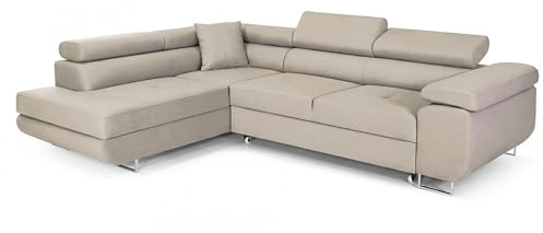 COMFORTINO FURNITURE Ecksofa mit Schlaffunktion PASTI L-Form, Sofa Couch mit Bettkasten, 3-Sitzer Eckcouch, Schlafsofa für Wohnzimmer, Big Sofa Couch mit Schlaffunktion (Creme-Beige, Ottomane Links)