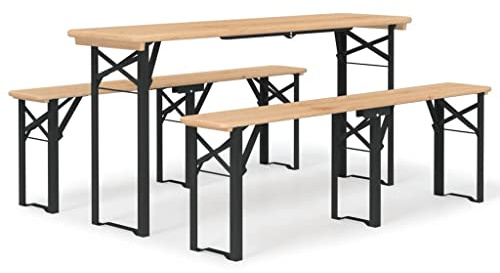 GFMGUEMV Klappbares Biertisch-Set aus Tannen-Massivholz mit Metallgestell, 3-teilig für Camping, Picknick und Grillpartys, Tisch und Bänke zusammenklappbar