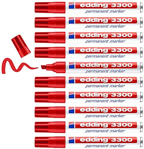edding 3300 permanent marker - red - box of 10 - chisel tip 1-5 mm - quick-drying permanent markers - waterproof, smudge-proof - for cardboard, plastic, wood, metal, fabric - marker pens