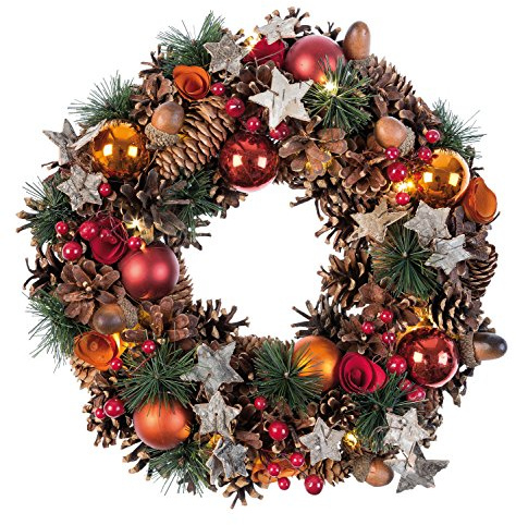 Idena 8585271 - LED Weihnachtskranz mit Lichter-Kette und 10 LED in Warmweiß, 6 Stunden Timer Funktion, batteriebetrieben, als Tür- und Tisch-Dekoration zur Adventszeit und zu Weihnachten