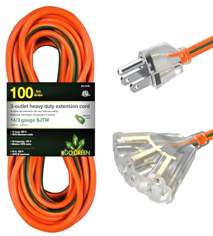 Go Green Power Inc. 100ft Heavy Duty Extension Cord, Orange, Lighted End - 14/3 SJTW, Contractor Grade, Durable, and Moisture Resistant