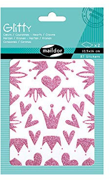 Maildor AE073O Glitty Packung Stickers (mit 97 Stickers, 2 Bögen in Format DIN A6, 10, 5 x 16cm, ideal für Kinder ab 2 Jahren, Herzen und Kronen) 1 Pack rosa