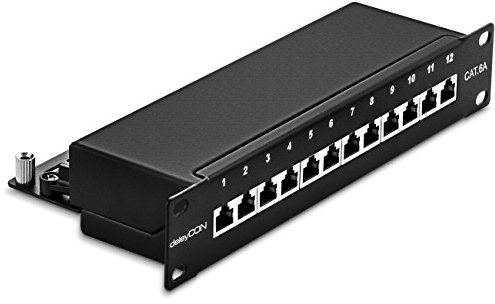 deleyCON CAT6a Panneau de Brassage 12 Port Bureau 10 Pouces Le Montage en Rack Assemblage du Serveur 12x RJ45 Blindé TIA568A TIA568B - Noir