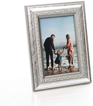 Barock Bilderrahmen für 10x15 cm Fotos - Vintage Fotorahmen in Silber mit Echtem Glas für Schöne Momente | Freistehender Holzrahmen geeignet für Tisch- oder Wandmontage, Hoch- & Querformat