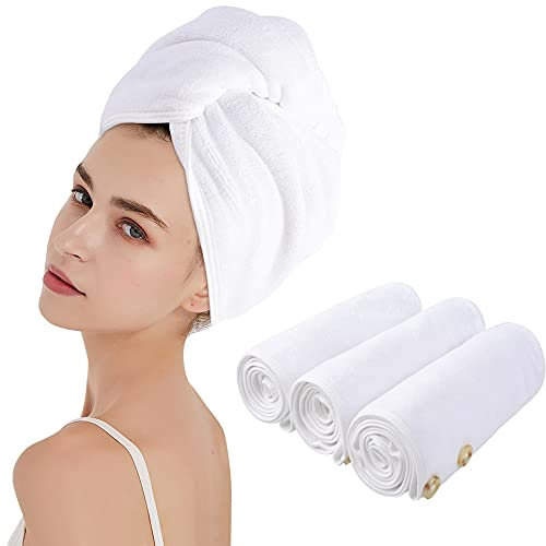 KinHwa Turban Handtuch mit Knopf Mikrofaser Haarturban für die Haare schnelltrocknend Haarhandtuch super saugfähig und weich für Lange Haare und alle Haartypen 25cmx65cm 3 Stück Weiß