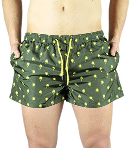 Ciabalù Costume Uomo Mare Boxer Corto Verde Blu Nero con Palme ed Elastico in Vita (Verde, XXL)