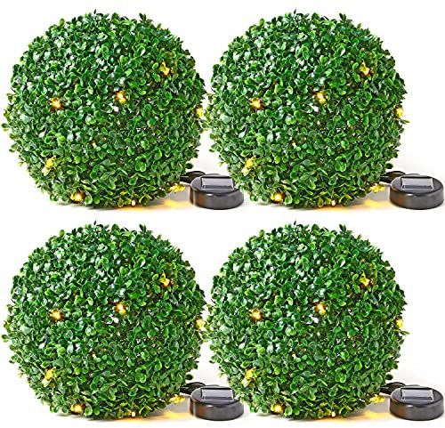 Solalite 4 x 28cm Green Topiary Balls with 20 Solar LED Lights, Hanging Topiary Ball Lights Sphere Decorative for Wedding Artificial Plant, Backyard Balcony Garden Décor