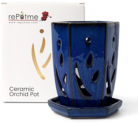 rePotme 4 x 6 inch Hexagon Ceramic Orchid Pot with Holes (Midnight Blue) - Ideal Plant Pot for Repotting Orchids and Other Flowers - Indoor/Outdoor