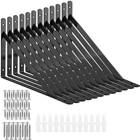STARVAST 12 Pcs Heavy Duty Shelf Brackets, 200 x 120mm Floating Shelves Tripod Triangle Shelf Brackets, 90 Degree Angle Wall Mounted Shelf Supporter Bracket Frame, Black