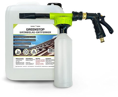 TerraDomi Greenstop + innovatives Sprühsystem, 20 Liter Konzentrat Moosentferner für bis zu 6000 m², Dach- und Steinreiniger I effektiver Moosvernichter und Fassadenreiniger