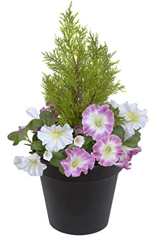 GreenBrokers Maceta artificial de plástico negro para patio, petunias y cedro, color rosa y blanco