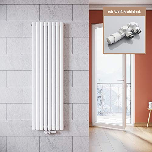 ELEGANT Vertikal Heizkörper Design Weiß 1600x472mm mit Multiblock Weiß Thermostat Röhrenheizkörper Doppellagig Badheizkörper Mittelanschluss