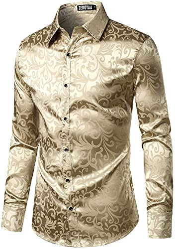 PARKLEES Men's Luxury Jacquard Long Sleeve Dress Shirt Slim Fit Satin Slik Like Floral Printend Shirts for Wedding Party Prom Champagne M