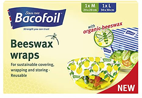 Bacofoil Beeswax Wraps, Pack of 2, Reusable food wraps, Natural ingredients, 30 x 30 / 20 x 20 cm