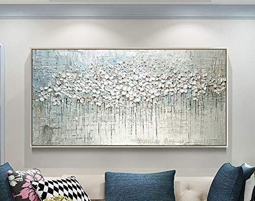 MWMG Ölbilder Auf Leinwand Handgemalt,Zeitgenössische Blooming White Flower Floral Texture Große Ölgemälde Kunst Moderne Abstrakte Kunst Leinwand Wandkunst Gemälde Wohnzimmer Schlafzimmer Wohnkultu