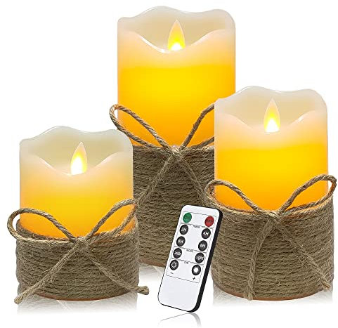 Aongray LED Flameless Candles with Hemp Rope,Battery Operated Flickering Candles Pillar Real Wax Moving Flame Electric Candle Sets with Remote Timer, (D:3.25 X H:4 5 6)
