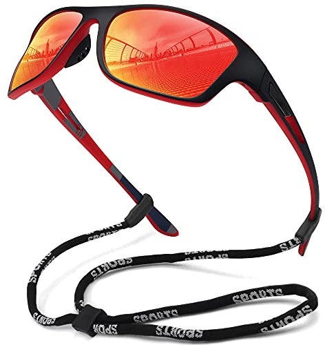 MEETSUN Polarisierte Sport-Sonnenbrille für Herren Damen Angeln Radfahren Baseball Laufen und Fahren UV400-Schutz Schwarzer Rahmen-Rote Spiegelglas