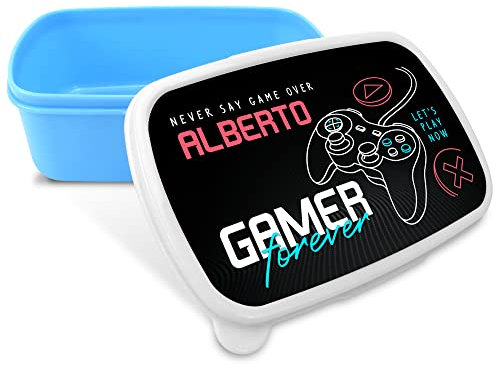 LolaPix Porta alimentos infantil. Caja merienda infantil, niña y niño. Caja merienda con nombre. Apta microondas y libre BPA, Filatos y metales pesados. Regalos personalizados. GAMER FOREVER