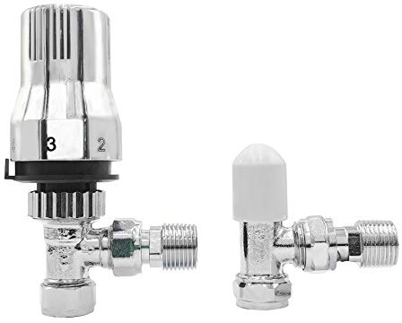 NRG 15mm Chrome Angled Thermostatic Radiator Valve with Manual Valve | Brass, Easy to Use, Modern Design, Heated Towel Rails Radiator Valve, 15mm Inlet