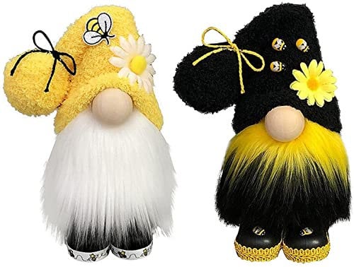 DingM Bee Gnome Sunflower Doll Spring Decor, Plush Bumble Gnomes Ornament, Handmade Faceless Cute Elf Table Ornaments Farmhouse Home Decor Birthday Present, Set of 2, Yellow, Black, Children One Size