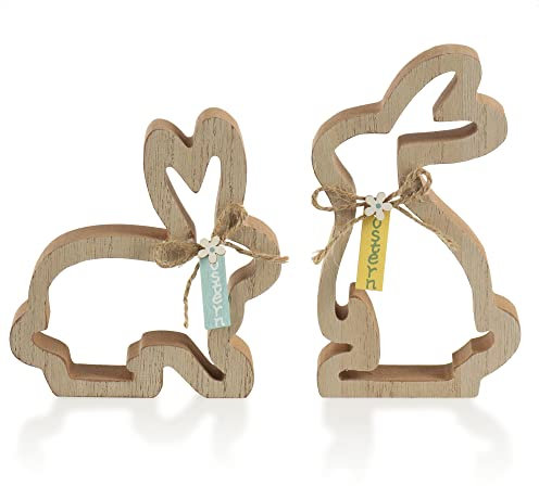 com-four® 2X Deko-Aufsteller für Ostern - dekorative Osterhasen aus Holz mit Schleife - Holzdekoration zum Hinstellen (2 Stück - Hasen hohl)