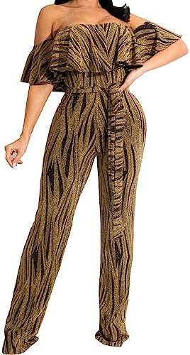 HugeNice Sexy Damen-Jumpsuit, schulterfrei, Rüschen, elegant, weites Bein, lange Hose, Clubwear, Strampler mit Taschen, 878 Gold, XX-Large