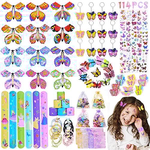 114 Stk Party Mitgebsel Mädchen, Mitgebsel Kindergeburtstag Mädchen, Schmetterlinge Magische Fee Schnapparmband Tattoo Haarspangen Ring Geschenktüten, Kindergeburtstag Gastgeschenke Mädchen 12 kinder