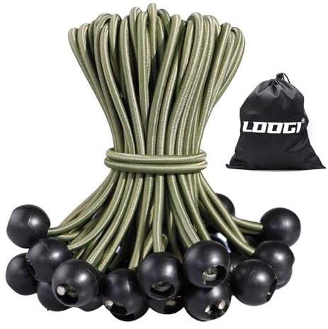 LOOGI Spanngummis mit Kugel 25 Stück Planenspanner mit Kugel 15cm Armeegrün | Gummispanner Zeltgummis Expanderschlingen Gummischlaufen für Planen Zelt Banner