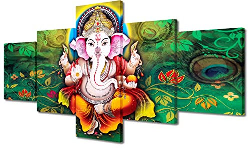 Ganesha Wandbild mit Hindu-Lord-Ganesha-Motiv, Schwarz und Weiß, 5 Paneele, Giclée-Poster und -Drucke, fertig zum Aufhängen, 127 x 61 cm (B x H)