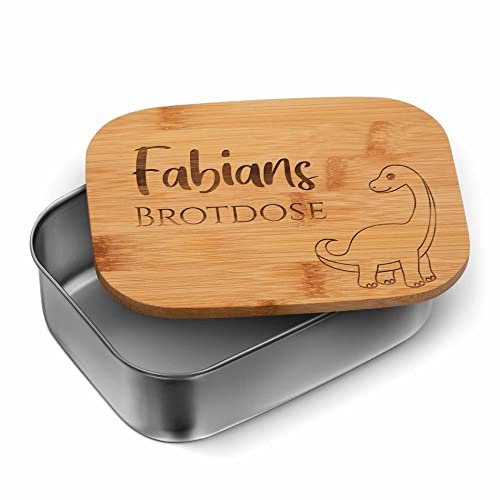 Edelstahl Brotdose Dinosaurier für Kinder mit Namen & Dino - nachhaltige Brotbox Jungen Schule - Lunchbox Kindergarten - Personalisierte Brotzeitbox Snackbox Kind Metall - Einschulung Geschenk