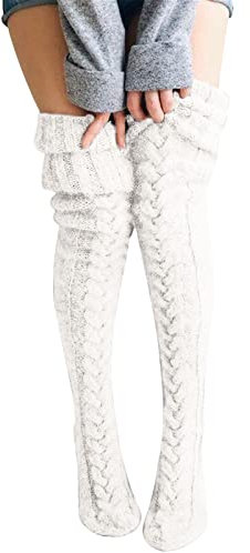 Sfit Damen Kniestrümpfe Winter Overknee Strick Strümpfe Winter Socken Warm Dick Oberschenkel Hohe Wolle Stiefelsocken Beinwärmer(Weiß,M)