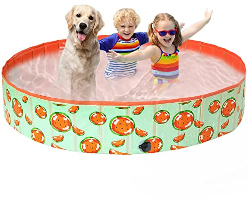 COMSLE Piscine pour Chien Pliable 80cm / 120cm/ 160cm, Piscine Chien Rigide en PVC Non Toxique, Baignoire Chien Antidérapant pour Extérieur Intérieur, Chiens et Chats, Pastèque