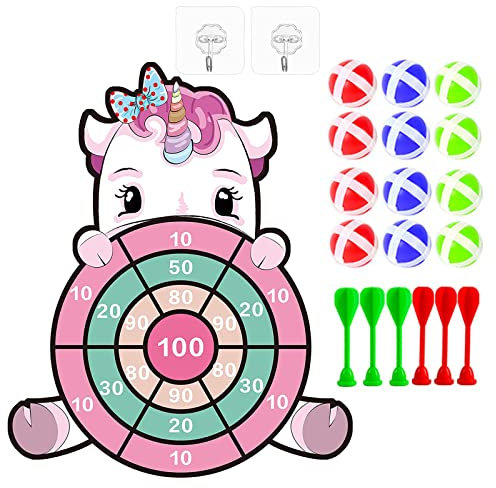 Einhorn Wurfspiel Kinder Spielzeug Faltbare Klett Dartscheibe mit 12 Klebrigen Bällen 6 Darts Hängendes Dart Wurfspiel Sets für Kindergeburtstag Spiele Outdoor Spielzeug Ab 3 Jahre