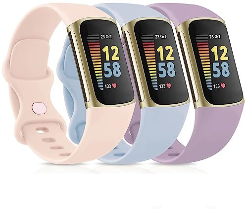 Amzpas 3 Pièces Bracelet pour Fitbit Charge 5 - Compatible avec Femmes et Hommes, Silicone Remplacement Fitness (S, Rose Nude/Bleu Nude/Violet)