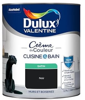 Dulux Valentine Peinture Intérieure Crème de Couleur Cuisine et Salle de Bain - Pièces Humides Murs et Boiseries - Résistant aux taches et à l'humidité - Satin Noir 0,75 L