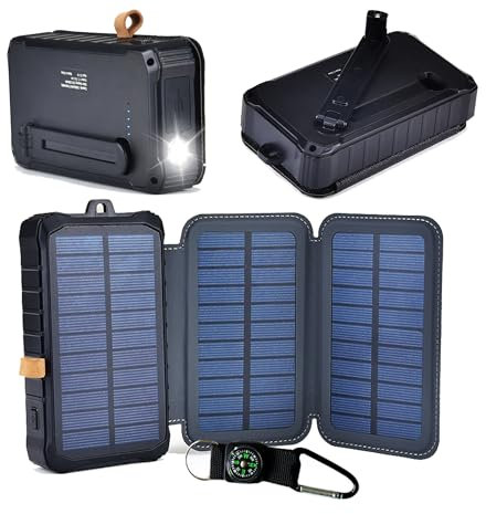 Aiworthy Caricabatterie Solare,12000mAh Power Bank Impermeabile con 2 Porte USB Batteria Esterna Portabile LED,Power Bank Solare con 3 Pannello Solare per Smartphones Tablets e Altri